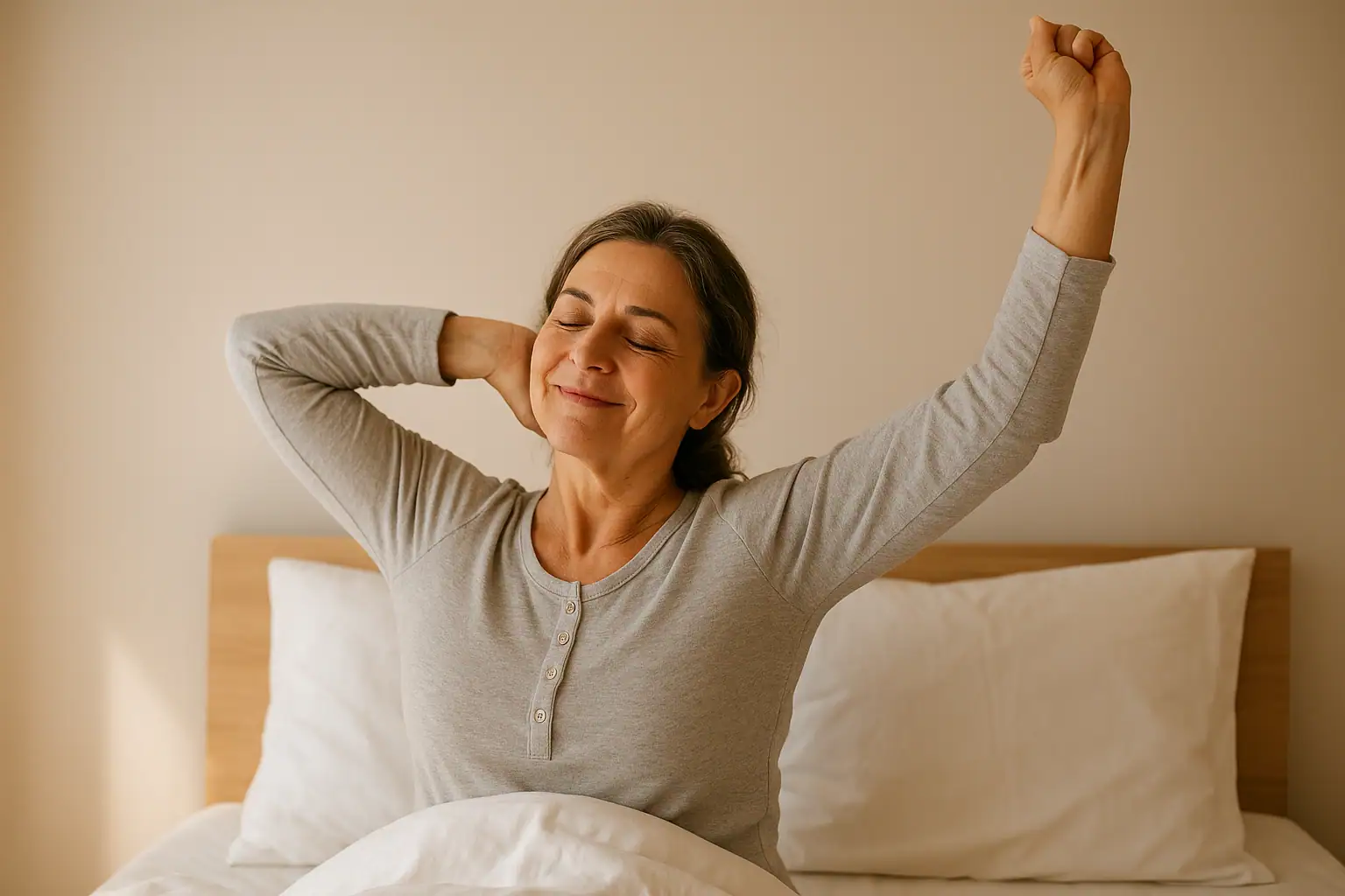 Smiling middle-aged woman starting her day with peace and positivity